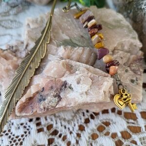 Artisan Gold Feather Bookmark with Earthy Tones In Real Stone Chips